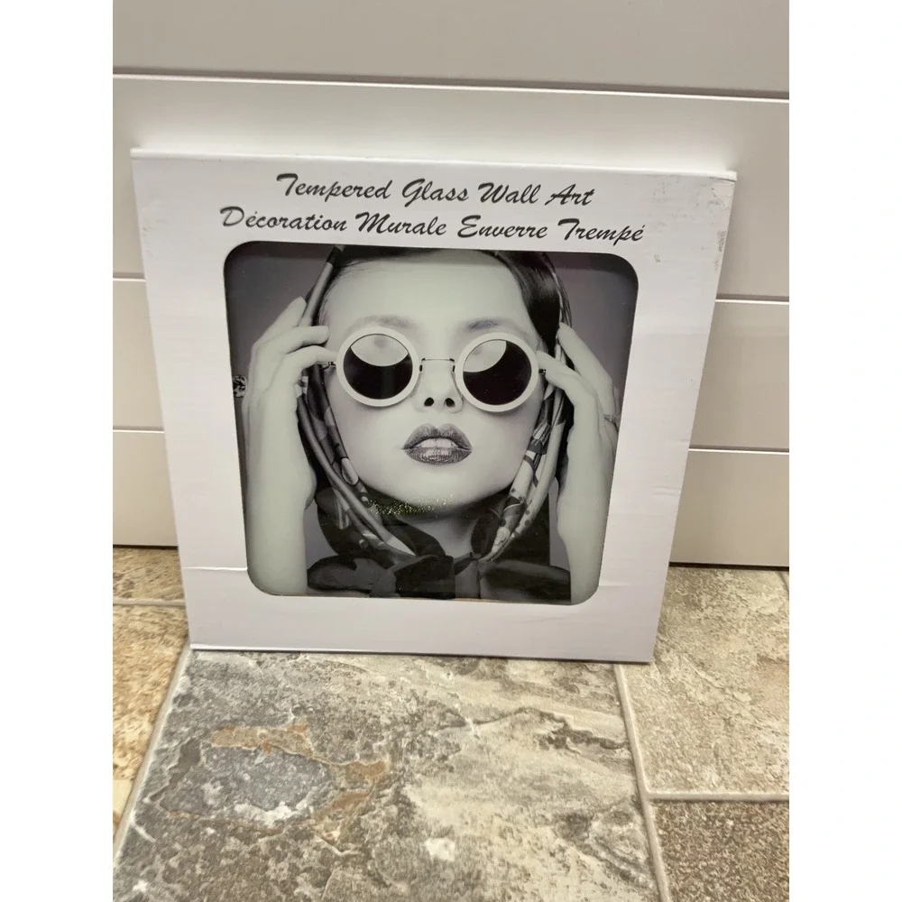 Tempered Glass Wall Art Black White Fashion Portrait Sunglasses 12x12 Modern